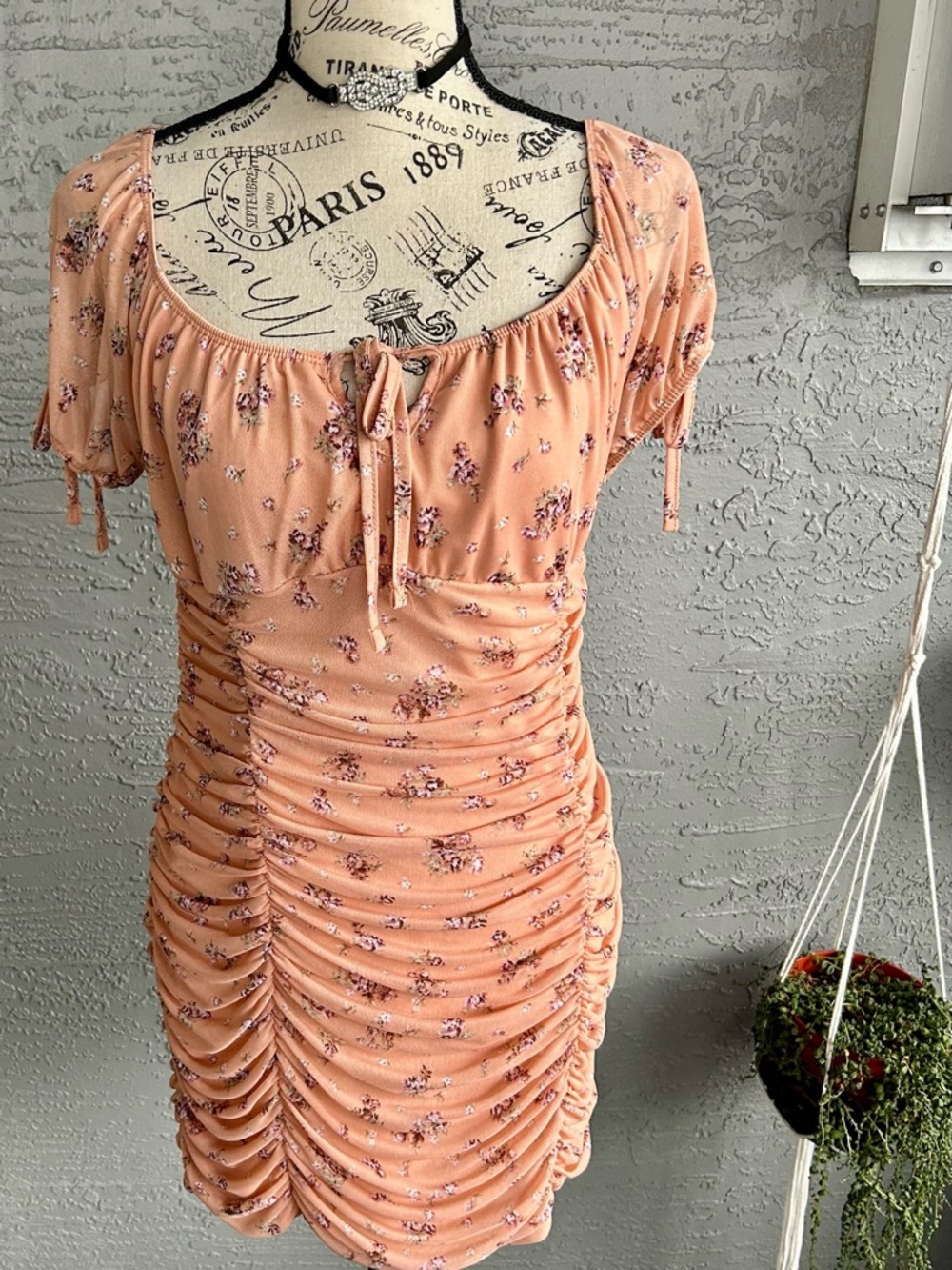 Ruched Fairy Peach Floral Tie-Front vamp cowgirl Mini Dress
